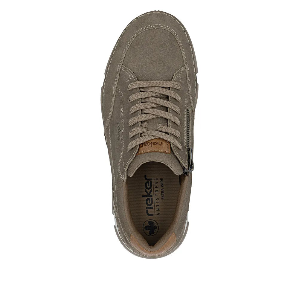 Brown leather lace-up men's shoes with wide fit, stitched details, and side zipper, branded Rieker 15900-25.