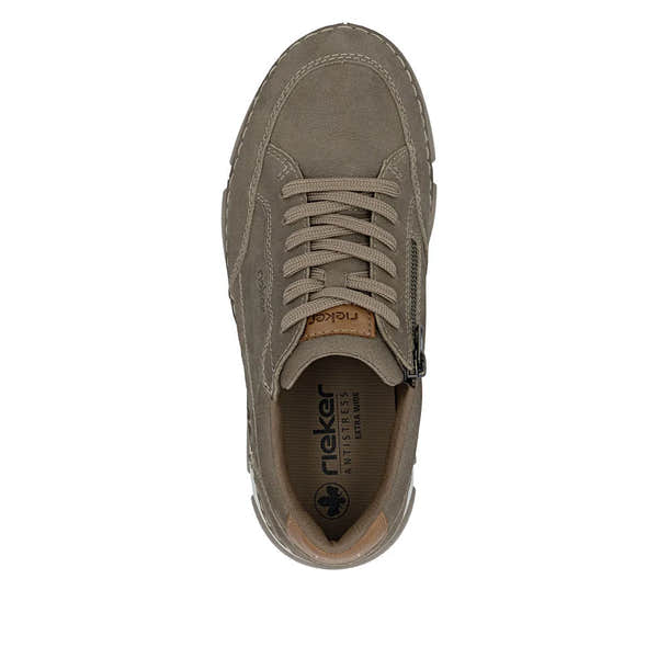 Brown leather lace-up men's shoes with wide fit, stitched details, and side zipper, branded Rieker 15900-25.