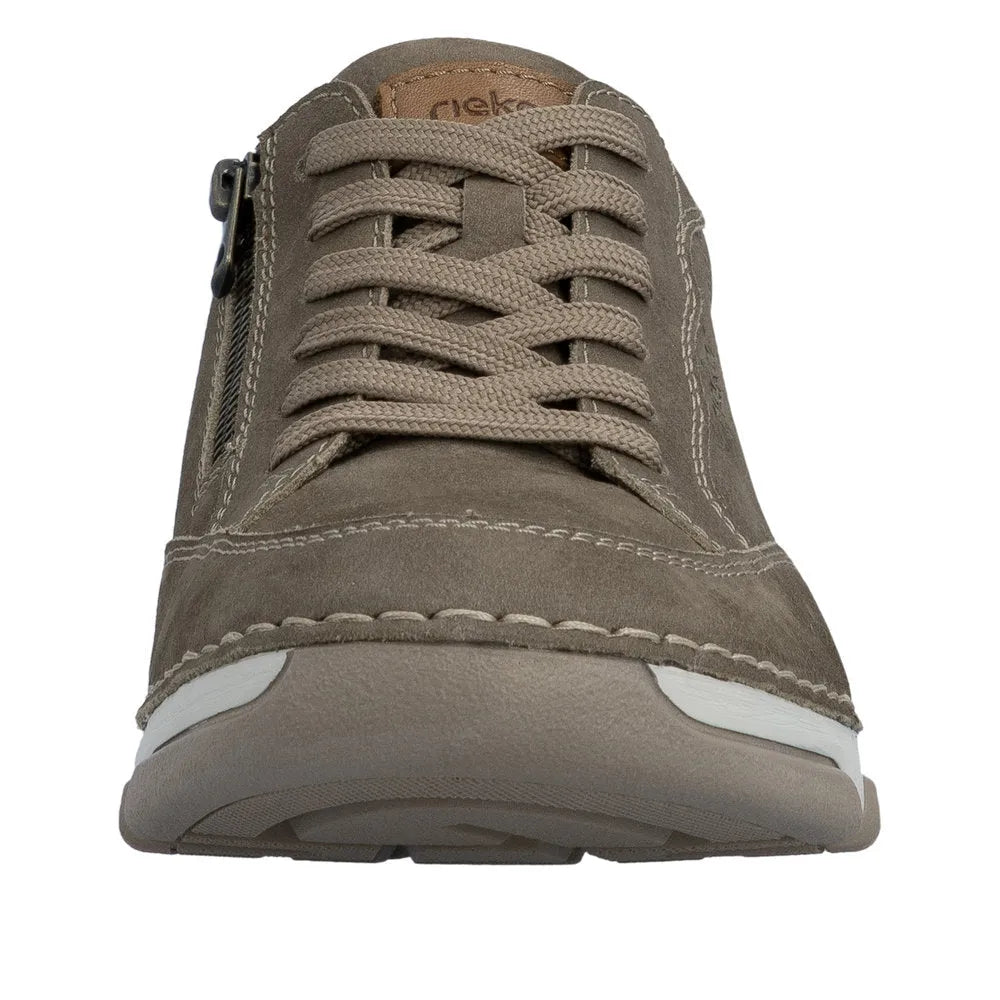 Men's wide brown leather lace-up shoe with side zipper and white rubber sole, stylish and sporty.
