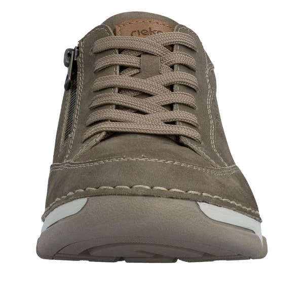 Men's wide brown leather lace-up shoe with side zipper and white rubber sole, stylish and sporty.