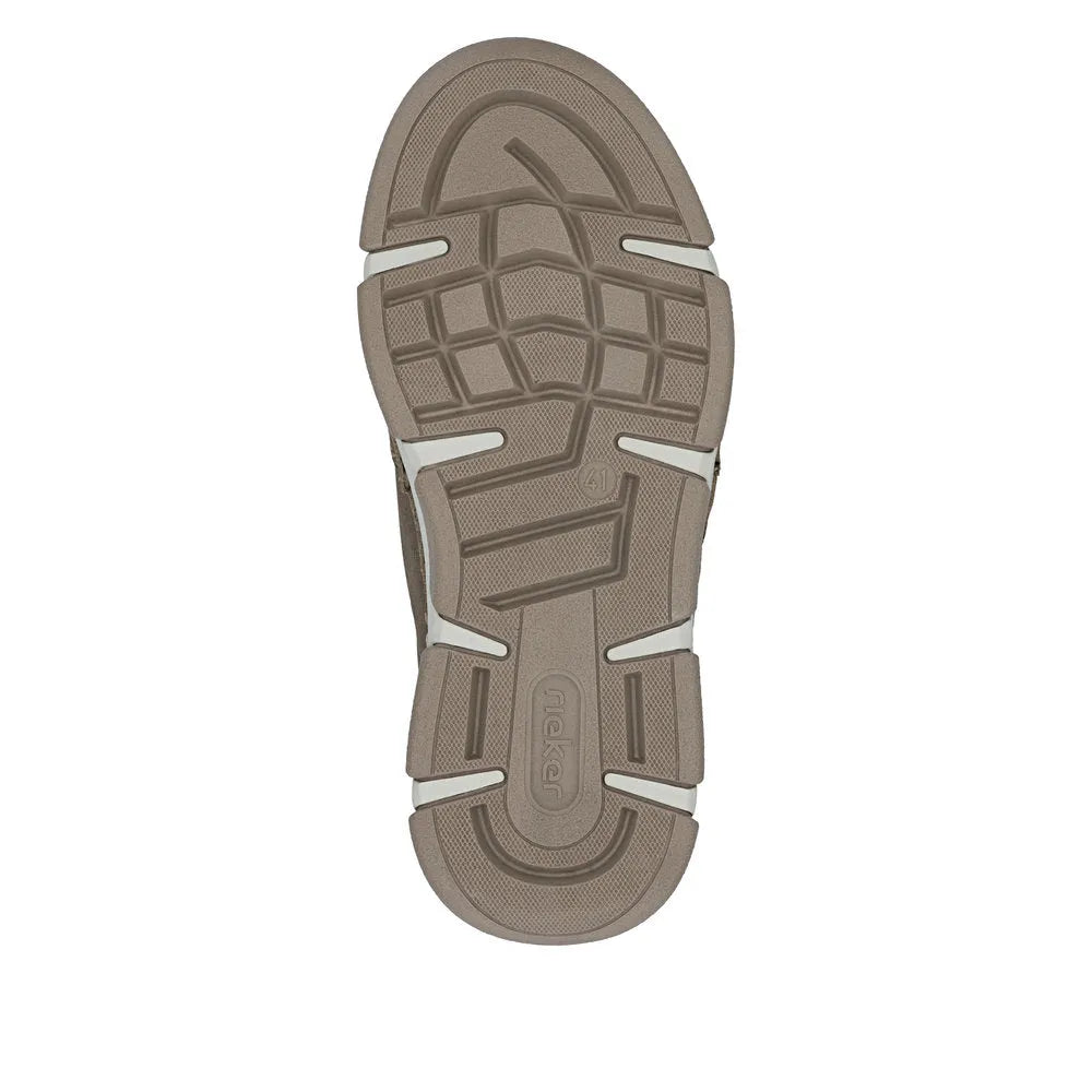 Rieker 15900-25 men's wide brown leather lace-up shoes with textured sole and contrast white accents.