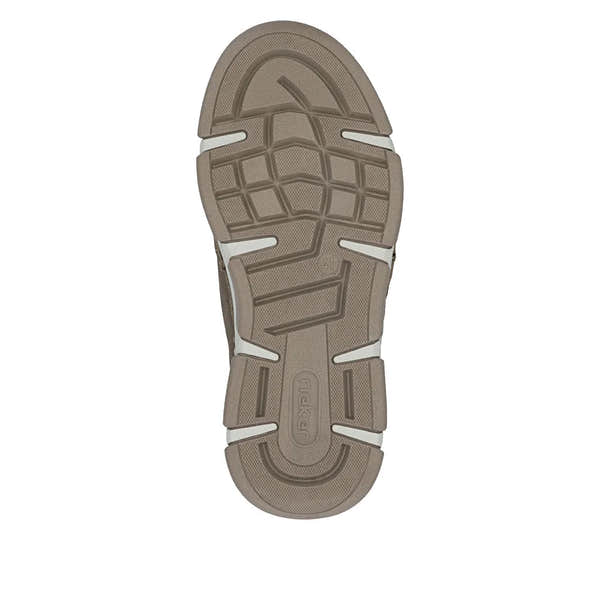 Rieker 15900-25 men's wide brown leather lace-up shoes with textured sole and contrast white accents.