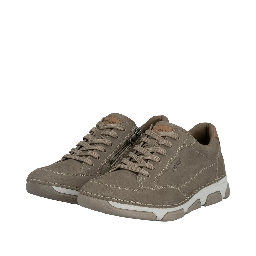 Rieker 15900-25 men's wide brown leather lace-up shoes with side zipper and white sole, casual style.