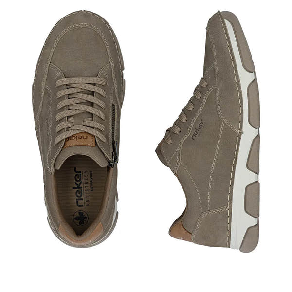 Mens wide brown leather lace-up shoes with white and grey rubber sole, stitched details, and side zipper.