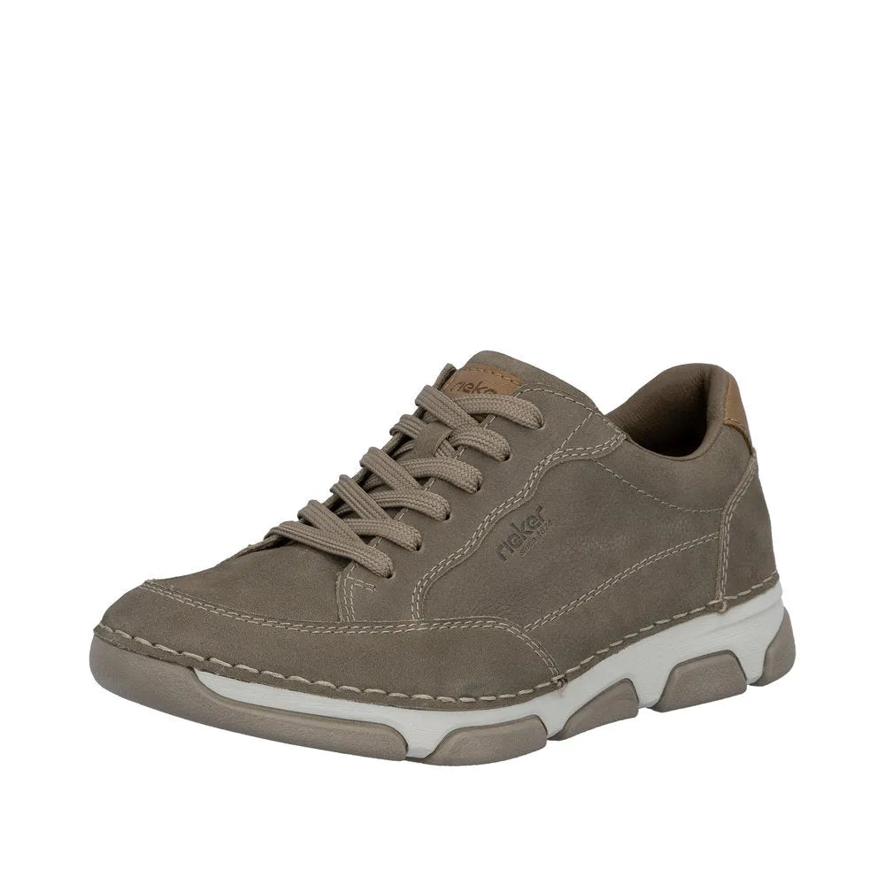 Rieker men's wide brown leather lace-up shoes with white sole, padded collar, and stitched detailing.