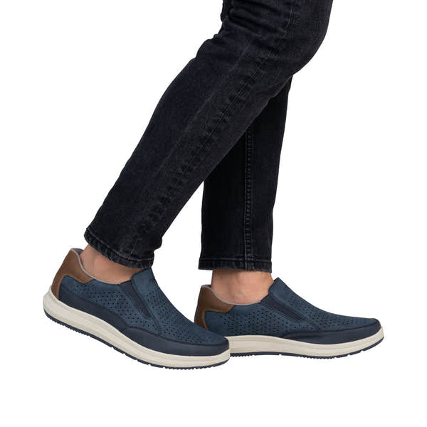 Rieker 16952-14 men's wide navy slip-on shoes with brown accents, perforated design, and white rubber soles.