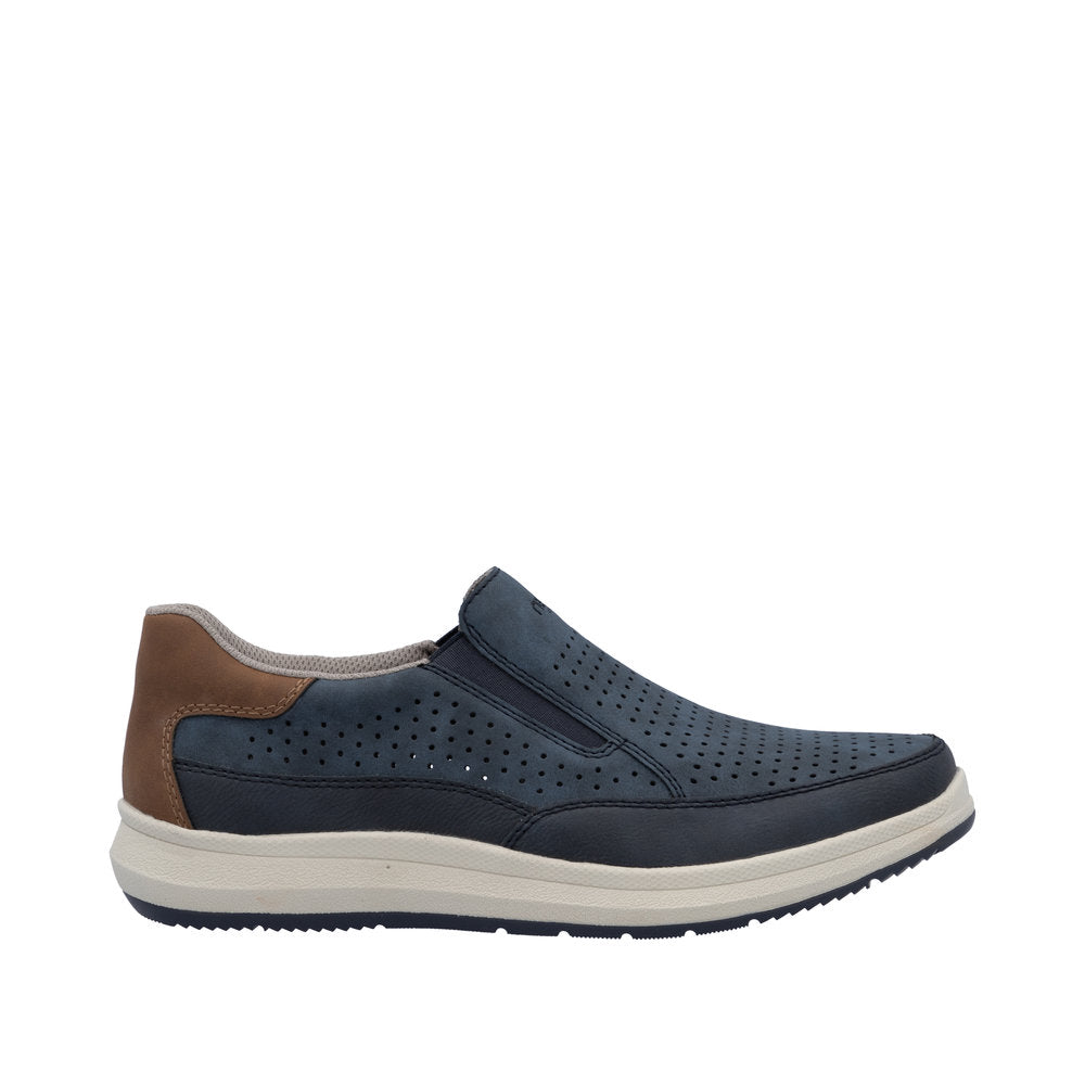 Rieker 16952-14 men's navy slip-on shoes with perforated upper, cushioned sole, and brown accents for comfort and style.