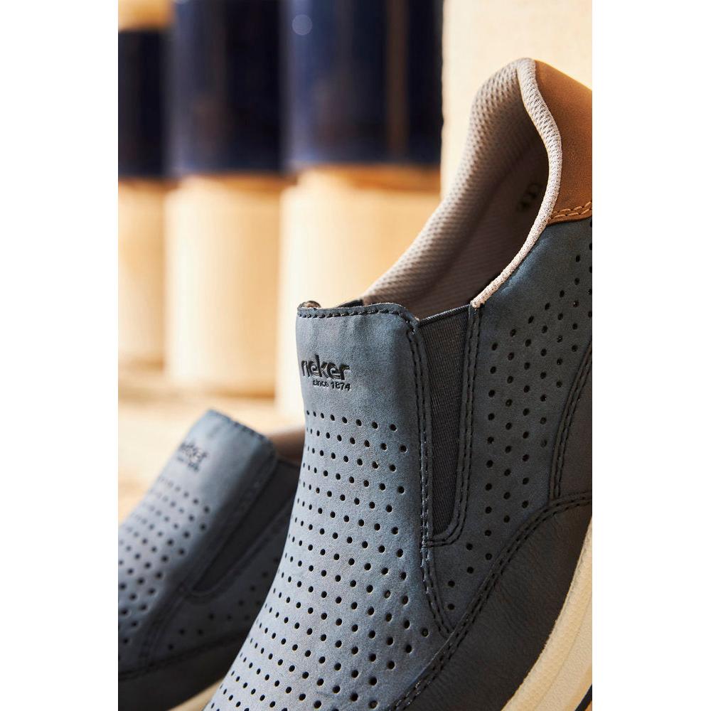 Rieker 16952-14 men's navy slip-on shoes with perforated upper, wide fit, and cushioned interior.