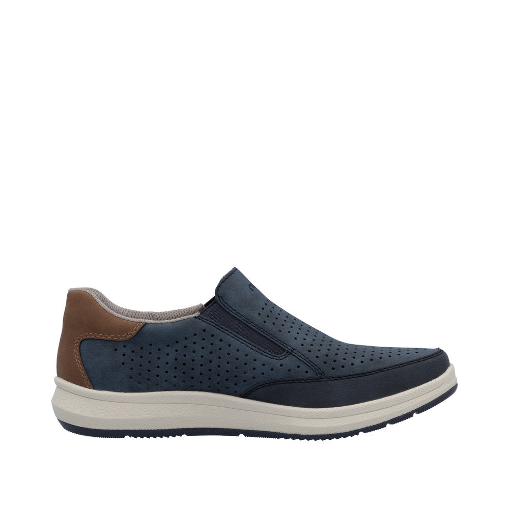 Rieker 16952-14 men's navy slip-on shoes with perforated synthetic upper, brown heel detail, and cushioned white sole.