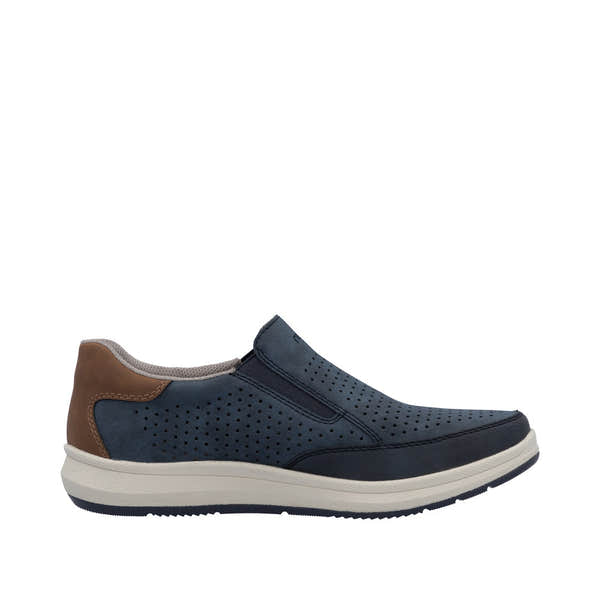 Rieker 16952-14 men's navy slip-on shoes with perforated synthetic upper, brown heel detail, and cushioned white sole.