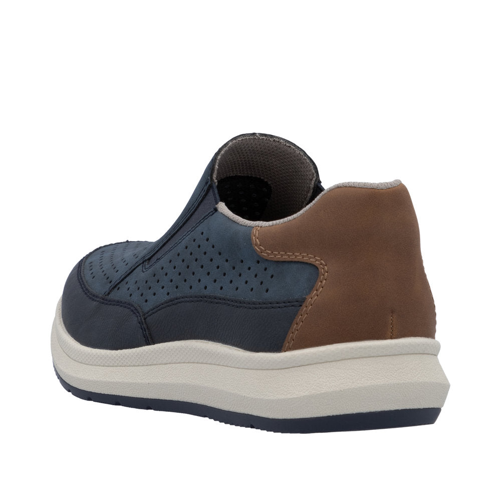 Rieker 16952-14 men's navy slip-on shoes with tan accents, breathable perforated upper, cushioned sole, and wide fit.