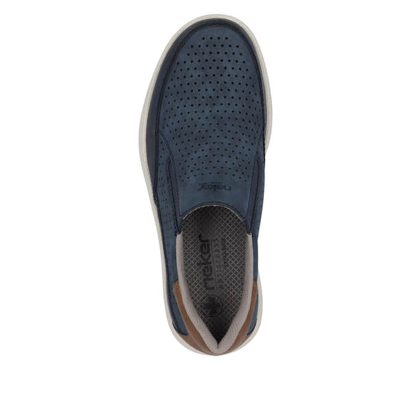 Rieker 16952-14 men's wide navy slip-on shoes with perforated upper and cushioned insole.