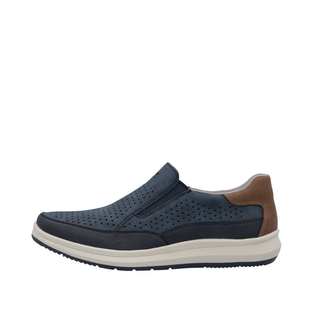 Rieker 16952-14 men's wide navy slip-on shoes with perforated upper, cushioned sole, and brown heel detail.