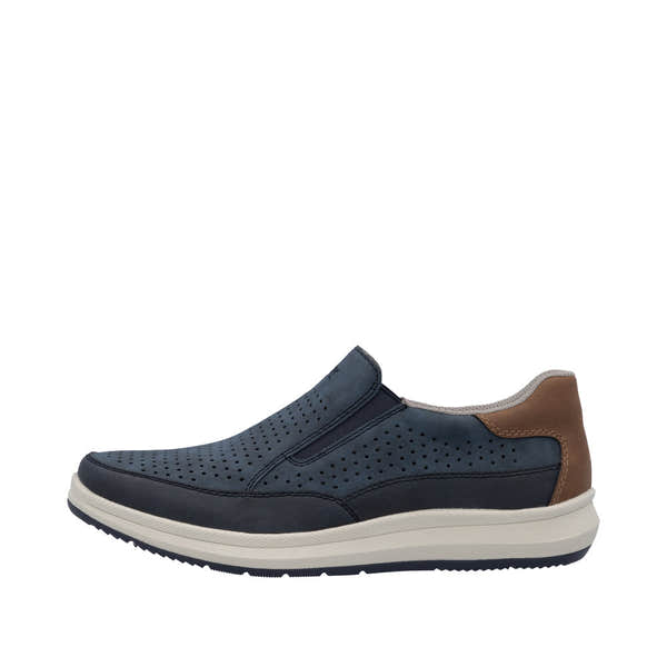 Rieker 16952-14 men's wide navy slip-on shoes with perforated upper, cushioned sole, and brown heel detail.