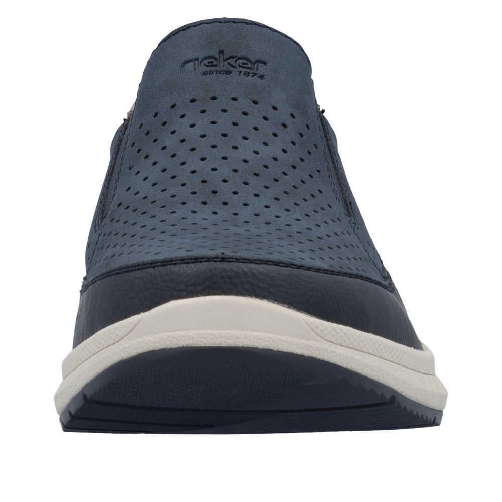 Rieker 16952-14 men's navy slip-on shoes with perforated upper, wide fit, and cushioned sole. Perfect for casual wear.
