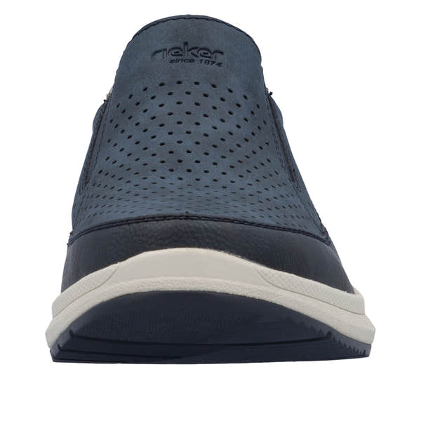 Rieker 16952-14 men's navy slip-on shoes with perforated upper, wide fit, and cushioned sole. Perfect for casual wear.