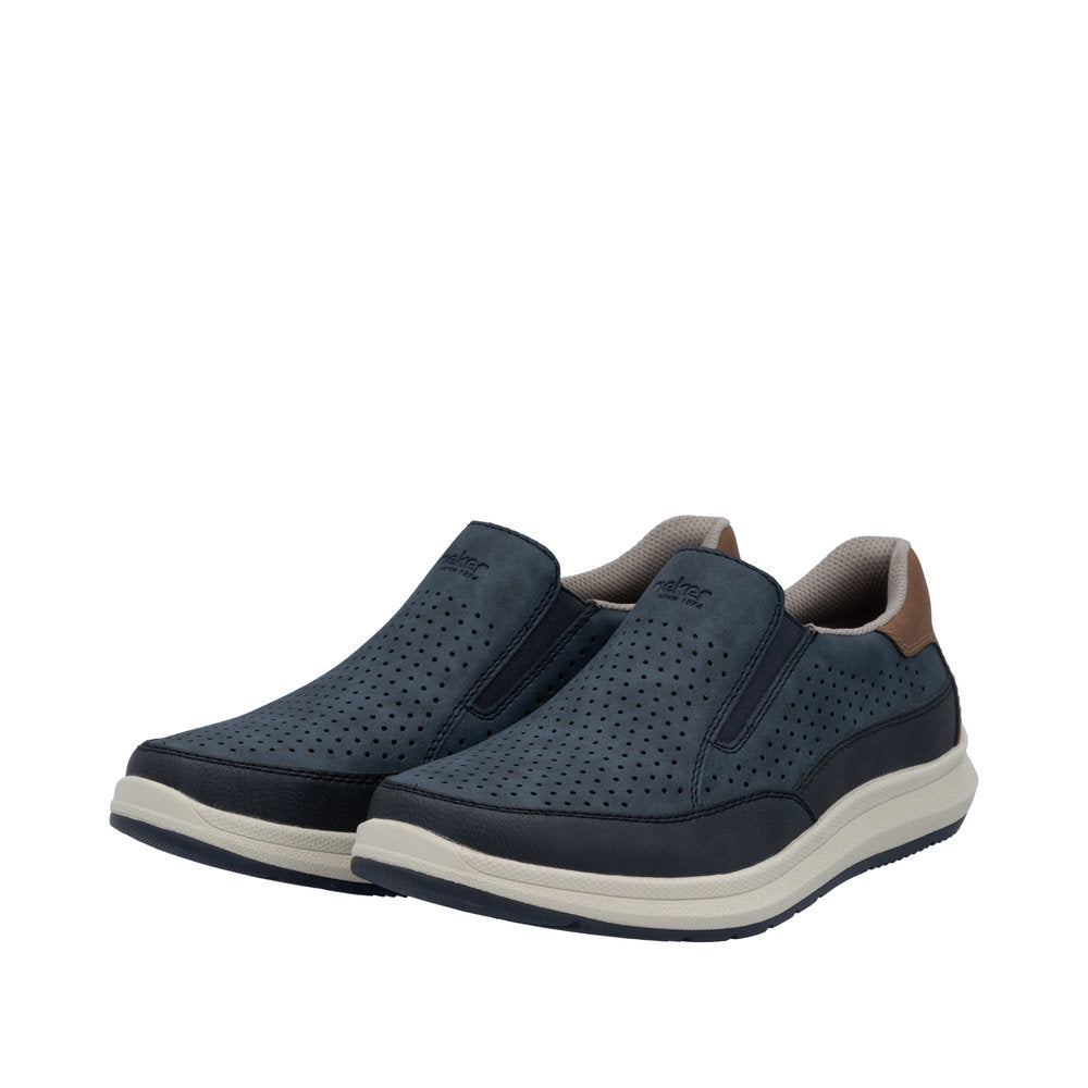 Rieker 16952-14 men's wide navy slip-on shoes with perforated upper, cushioned collar, and contrast sole for comfort and style.