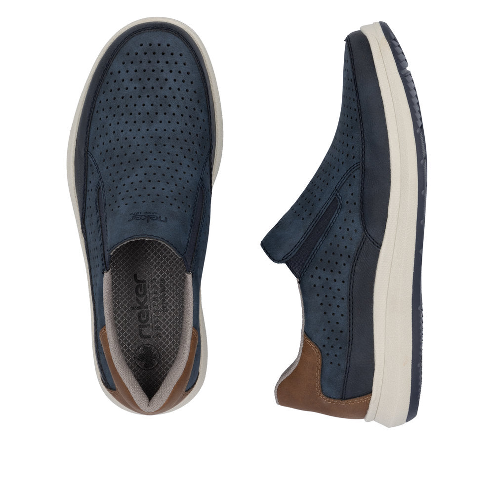 Rieker men's slip-on shoes, wide navy blue sneakers with perforated upper, cushioned insole, and brown accents.
