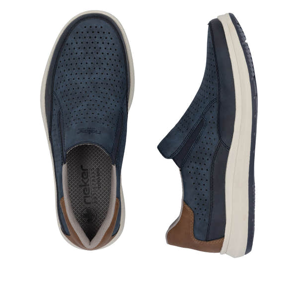 Rieker men's slip-on shoes, wide navy blue sneakers with perforated upper, cushioned insole, and brown accents.