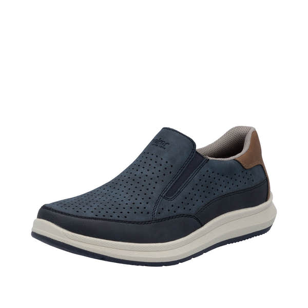 Rieker 16952-14 men's navy slip-on shoes with perforated upper, wide fit, cushioned collar, and lightweight sole.