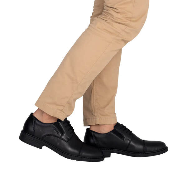 Rieker 17625-00 men's wide black leather elasticated shoes, lace-up style, featuring smooth leather material and rounded toe.