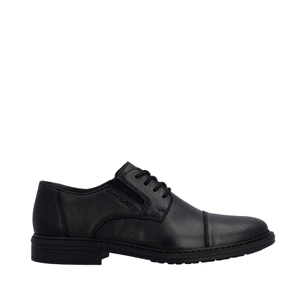 Black leather men's wide-fit lace-up shoes with elasticated sides and sturdy sole.