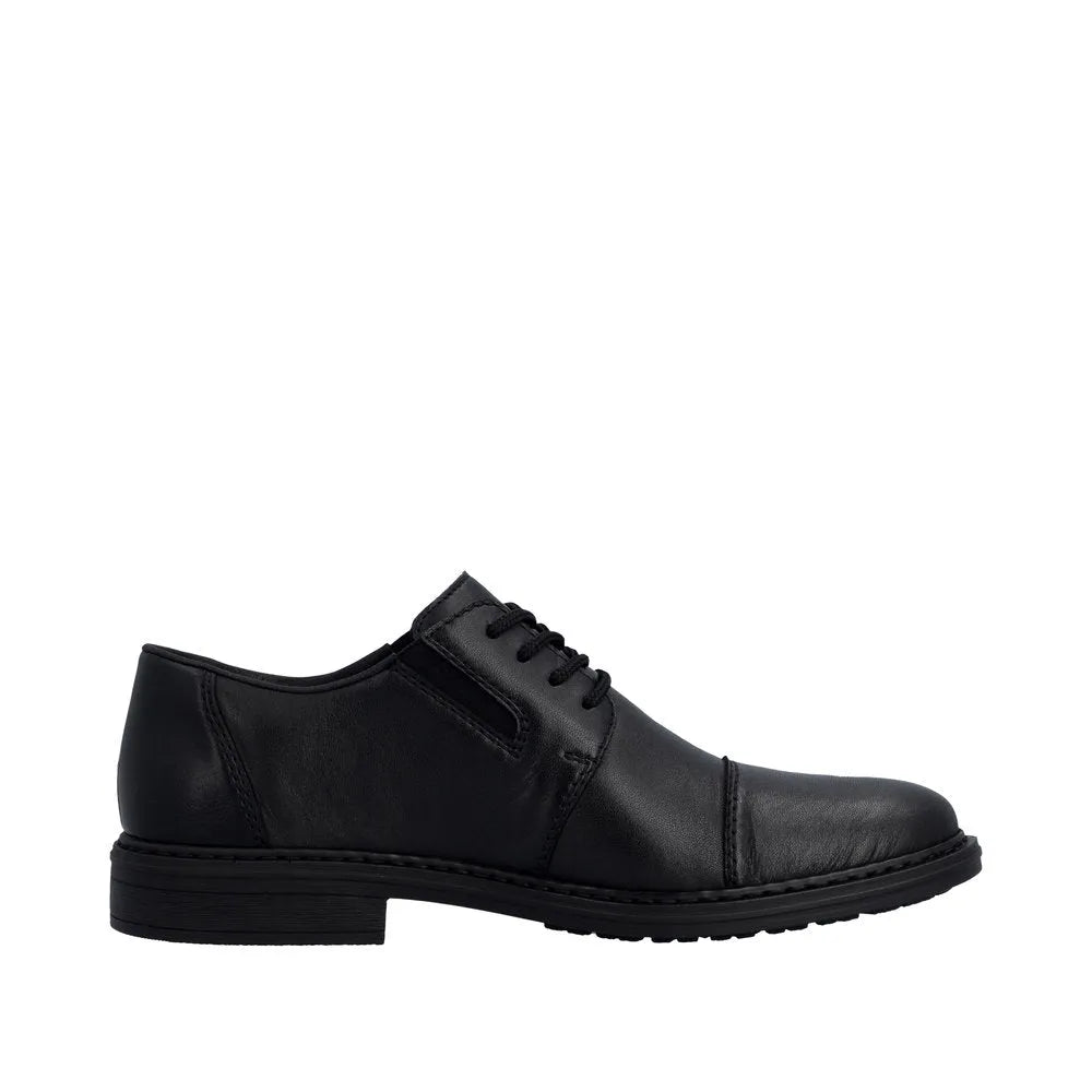 Black leather men's wide-fit elasticated dress shoes with lace-up front and low heel.