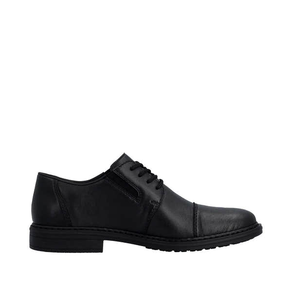 Black leather men's wide-fit elasticated dress shoes with lace-up front and low heel.