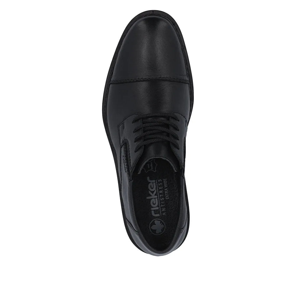 Black leather men's wide elasticated shoes with lace-up design and smooth finish, from Rieker 17625-00.