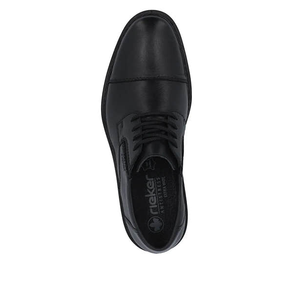 Black leather men's wide elasticated shoes with lace-up design and smooth finish, from Rieker 17625-00.