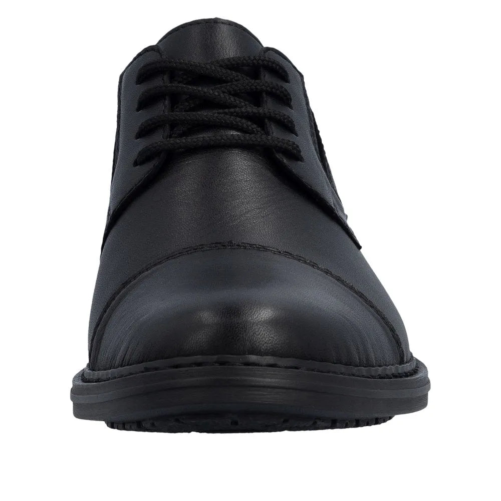 Black leather men's wide fit lace-up shoes with elasticated sides, rounded toe, and sturdy sole.