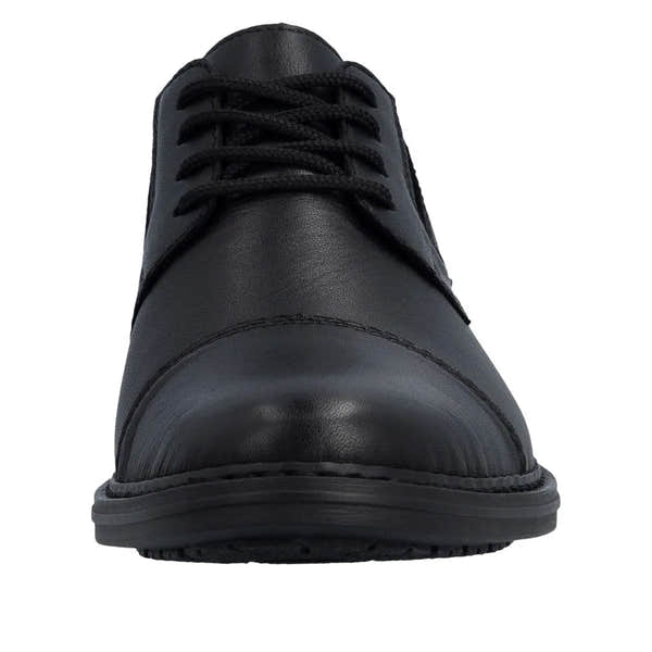 Black leather men's wide fit lace-up shoes with elasticated sides, rounded toe, and sturdy sole.