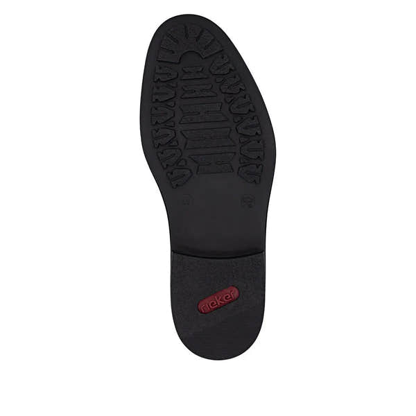 Black leather men's wide elasticated shoes with textured sole and red "Rieker" logo on heel.