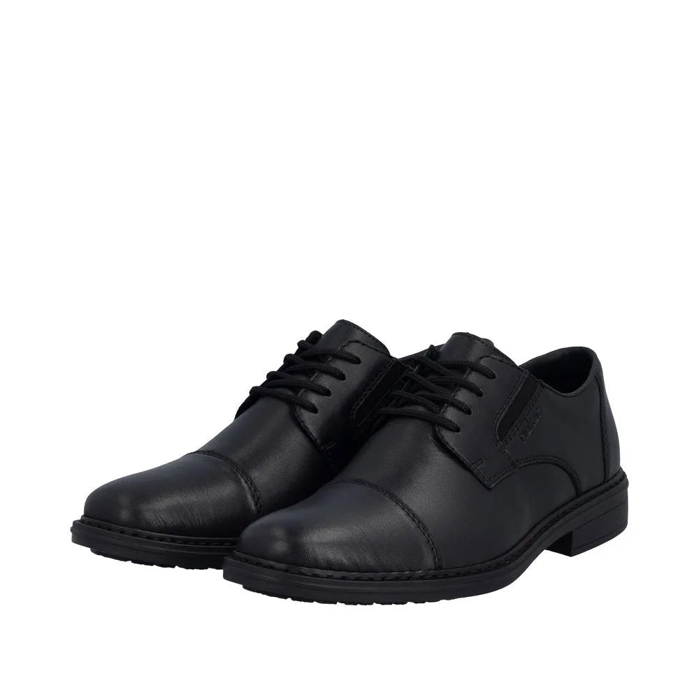 Black leather men's wide-fit lace-up shoes with elastic sides and a low heel.