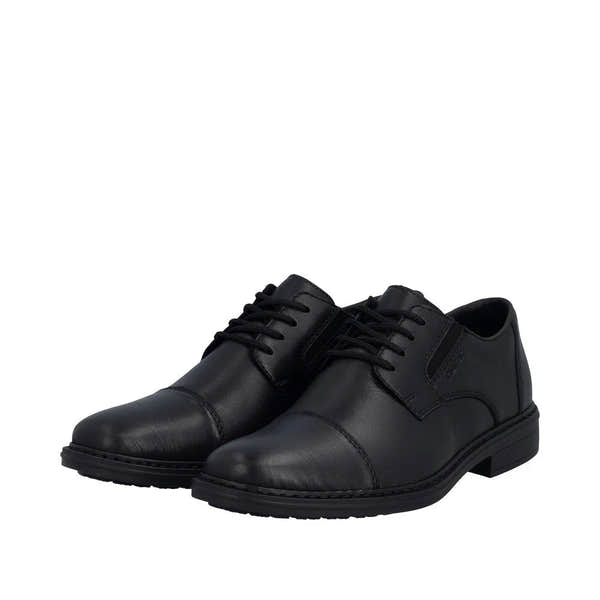 Black leather men's wide-fit lace-up shoes with elastic sides and a low heel.