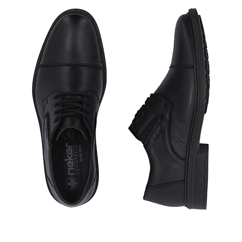 Black leather men's wide-fit elasticated shoes with lace-up detail, sturdy sole, and smooth finish.