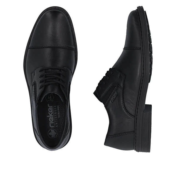 Black leather men's wide-fit elasticated shoes with lace-up detail, sturdy sole, and smooth finish.