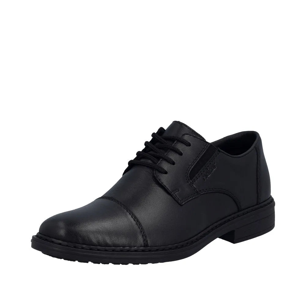 Black leather men's wide-fit lace-up shoe with elasticated sides and sturdy sole.
