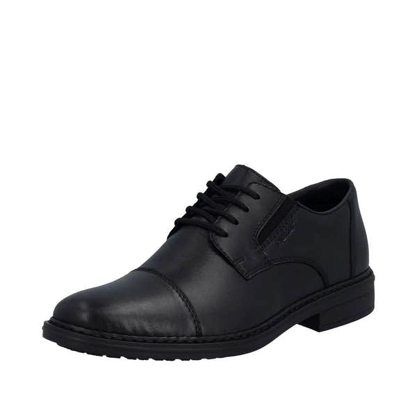 Black leather men's wide-fit lace-up shoe with elasticated sides and sturdy sole.