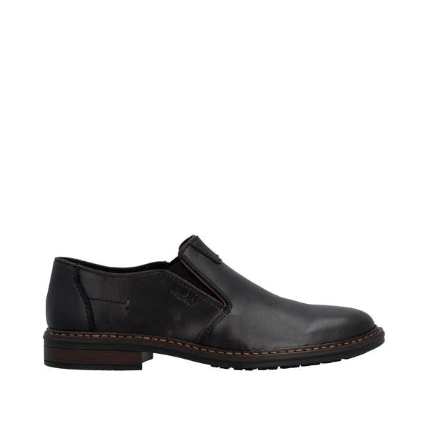 Black leather men's wide-fit slip-on shoes with elastic sides, low heel, and stitching details.