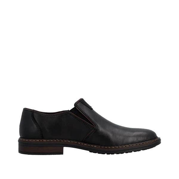 Black leather men's wide fit slip-on shoes with elastic sides and a low heel.