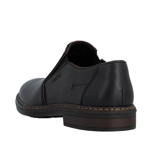 Black leather men's wide-fit slip-on shoes with elastic sides and a stacked heel.