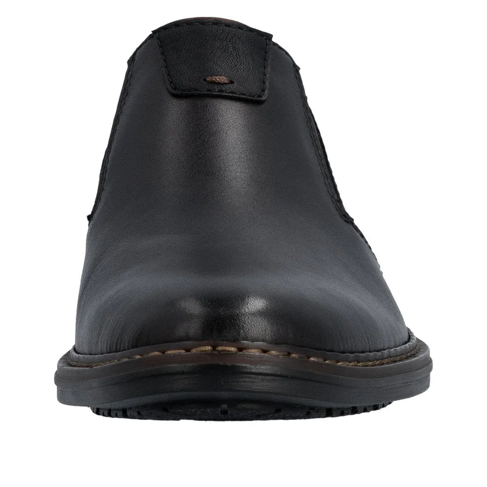 Black leather men's wide shoes with elasticated sides and a slip-on style, featuring a rounded toe and sturdy sole.