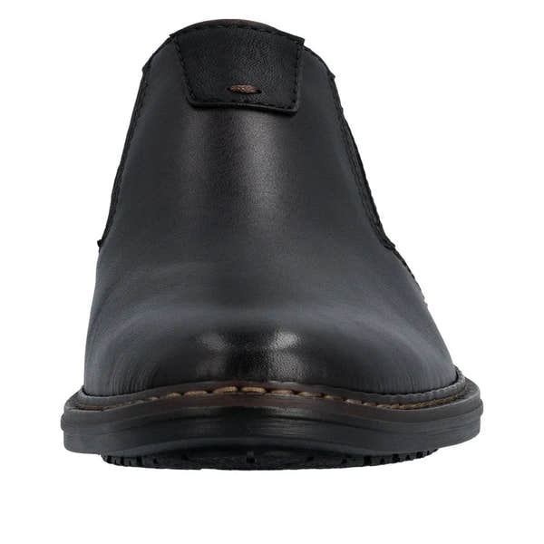 Black leather men's wide shoes with elasticated sides and a slip-on style, featuring a rounded toe and sturdy sole.