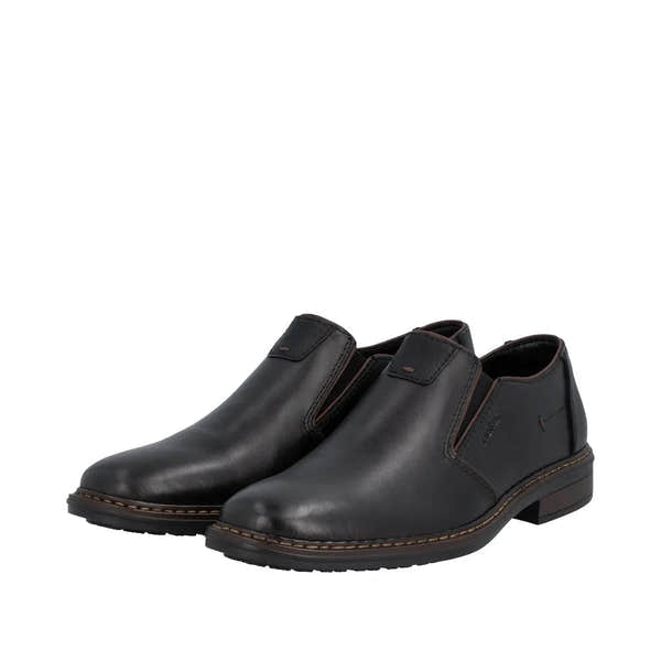 Black leather men's wide elasticated slip-on shoes with low heel and contrast stitching.