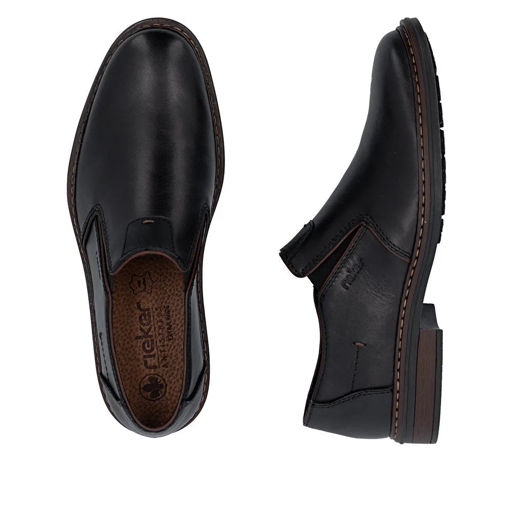 Black leather men's wide-fit elasticated slip-on shoes with a chunky heel and brown stitch detailing.
