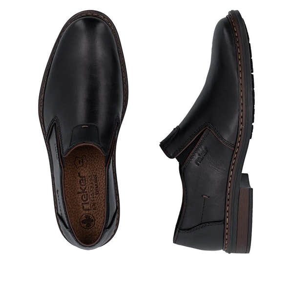 Black leather men's wide-fit elasticated slip-on shoes with a chunky heel and brown stitch detailing.