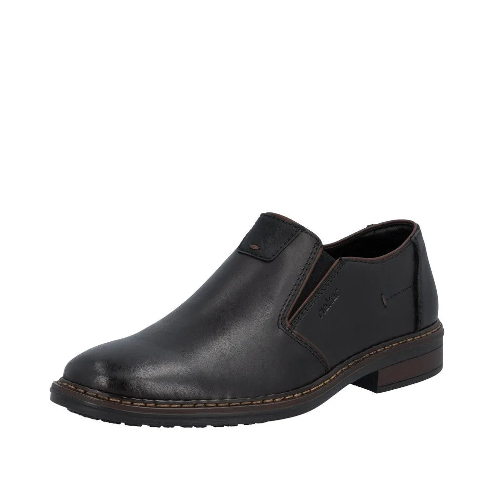 Black leather men's wide elasticated slip-on shoes with a low heel and stitching detail.