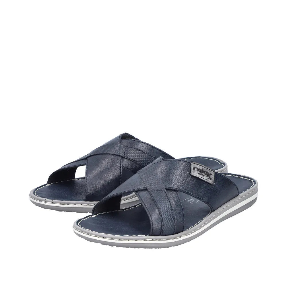 Rieker 21082-14 men's wide navy and grey leather elasticated mules, slip-on sandals with cushioned insoles and stitched soles.