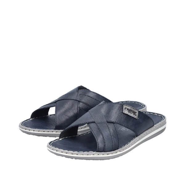 Rieker 21082-14 men's wide navy and grey leather elasticated mules, slip-on sandals with cushioned insoles and stitched soles.